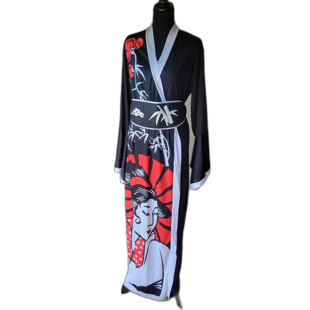 Spirit Halloween Elegant Geisha Costume Kimono Robe & Belt – Black & Red
